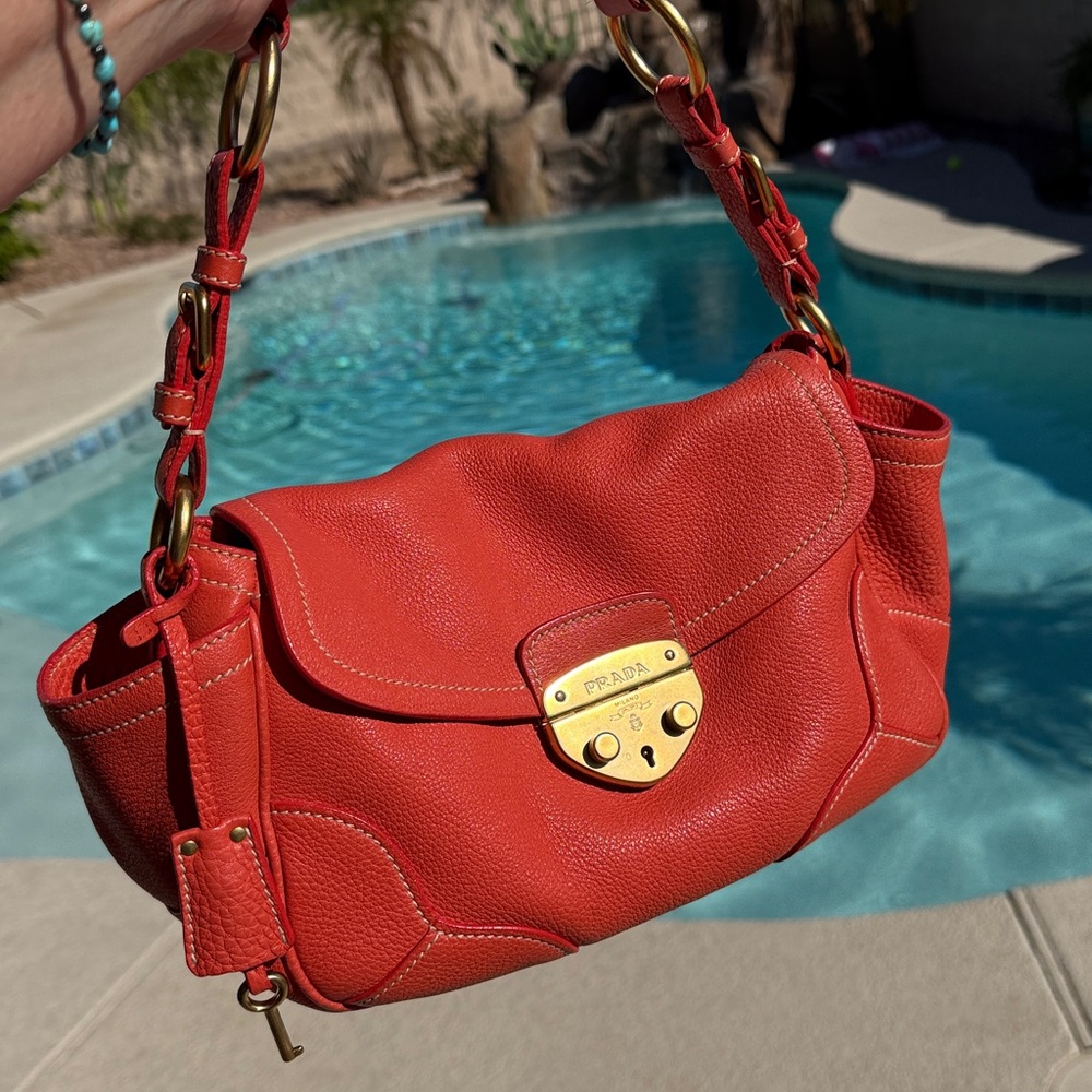 Prada Vitello Orange Leather East West Shoulder Bag with Brushed Gold Hardware